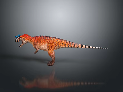 Colorful Striped Dinosaur Model With Blue Head Orange Body Standing On Grey Background Reflection 3d model