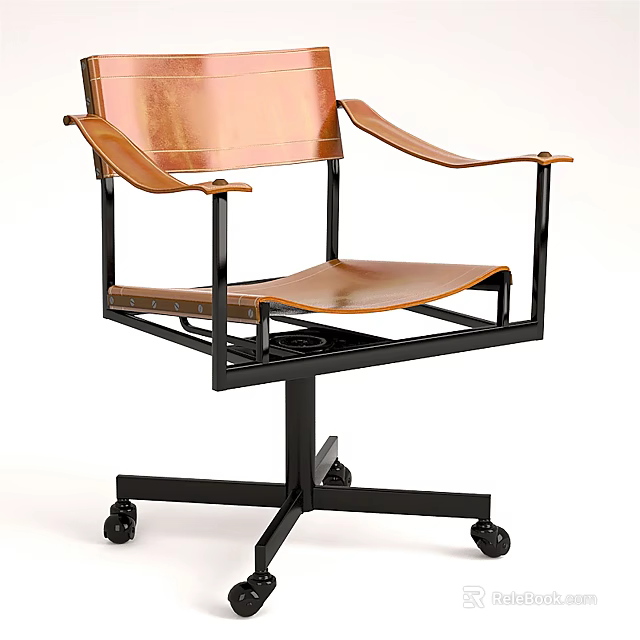 Copper Leather Leisure Chair with Black Metal Frame and Wheeled Armrests 3d model 