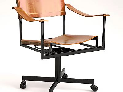 Copper Leather Leisure Chair with Black Metal Frame and Wheeled Armrests 3d model