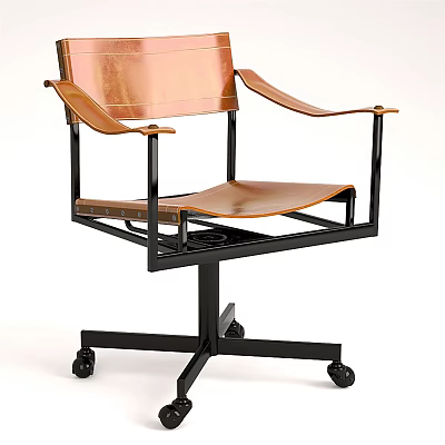 Copper Leather Leisure Chair with Black Metal Frame and Wheeled Armrests 3d model
