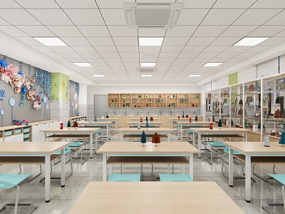 School Science Classroom With Bright Lights Wooden Tables Blue Chairs Shelves And Decorative Wall Art 3d model