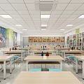 School Science Classroom With Bright Lights Wooden Tables Blue Chairs Shelves And Decorative Wall Art