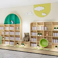 Cute Wooden Bookcases In Kids Bookstore Interior With Neat Books Stuffed Toys And Cloud Decorations
