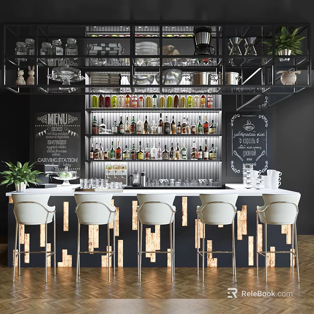Modern Bar Counter Design With White Stools Bottles On Shelves Blackboard And Potted Plant 3d model 