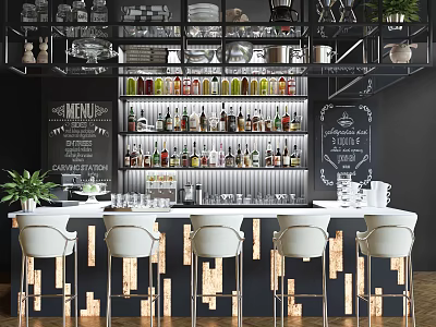Modern Bar Counter Design With White Stools Bottles On Shelves Blackboard And Potted Plant 3d model