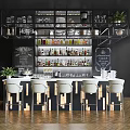 Modern Bar Counter Design With White Stools Bottles On Shelves Blackboard And Potted Plant