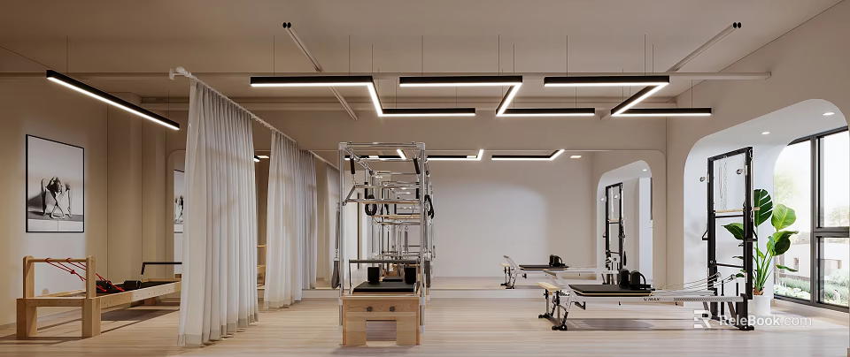 Fitness Studio Interior With Pilates Equipment Curtains And Wooden Floors 3d model 