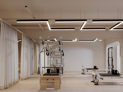 Fitness Studio Interior With Pilates Equipment Curtains And Wooden Floors 3d model