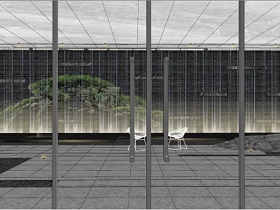 Modern Garden Landscape With Glass Walls Rock Formation Green Plants And White Seating 3d model