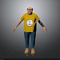 3D Male Character With Bald Head Glasses Yellow T-shirt Let's Go Logo Blue Pants Brown Shoes