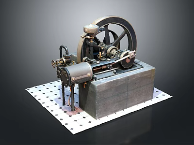 Vintage Industrial Engine With Large Wheel Metal Base And Mechanical Components 3d model