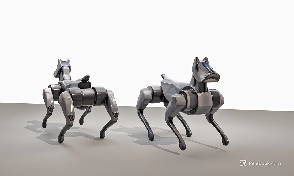 Two Smart Robotic Dogs With Metallic Texture And Distinct Joints In Standing Pose 3d model 