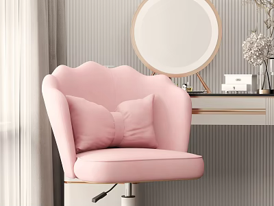 Pink Office Chair With Curved Backrest And Soft Cushion Near Dressing Table Mirror 3d model