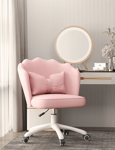 Pink Office Chair With Curved Backrest And Soft Cushion Near Dressing Table Mirror 3d model
