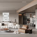 Modern Living Dining Room Interior With White Beige Sofa Brown Armchair Round Coffee Table Plants