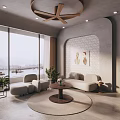 Modern Living Room Interior With Geometric Wallpaper Gray Sofa And Portrait Painting