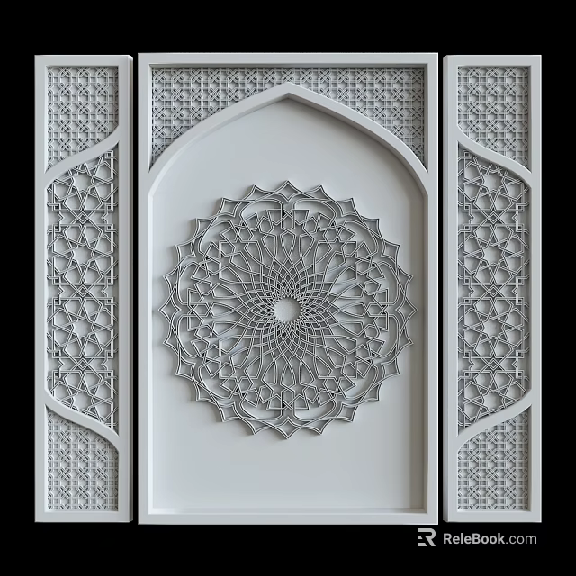 Traditional White Background Wall Design With Intricate Geometric Patterns And Circular Carved Ornament 3d model 