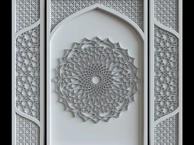 Traditional White Background Wall Design With Intricate Geometric Patterns And Circular Carved Ornament 3d model