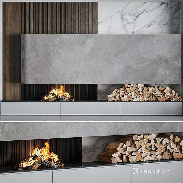 Modern Concrete Fireplace With Burning Flames Wooden Panels And Stacked Firewood 3d model 