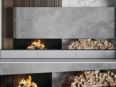 Modern Concrete Fireplace With Burning Flames Wooden Panels And Stacked Firewood 3d model