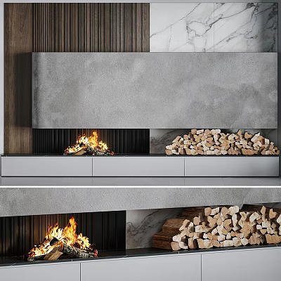 Modern Concrete Fireplace With Burning Flames Wooden Panels And Stacked Firewood 3d model