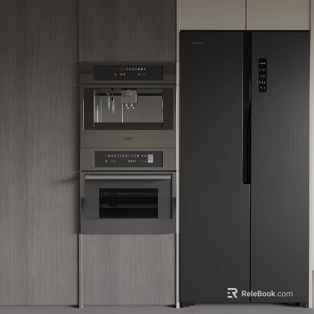 Modern Kitchen Interior Featuring Dark Built In Oven Refrigerator Cabinets And Appliances 3d model 