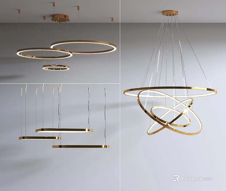 Sleek Modern Pendant Lighting Combinations With Golden Ring And Linear Designs 3d model