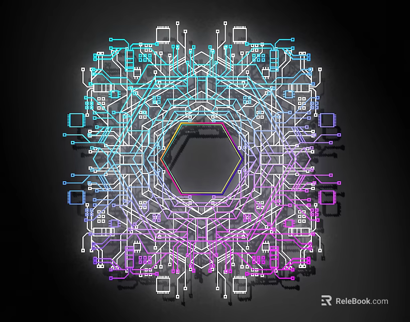 Vibrant Neon Lines Forming Circuit Board Geometric Pattern With Hexagon Center And Blue Pink Hues 3d model 