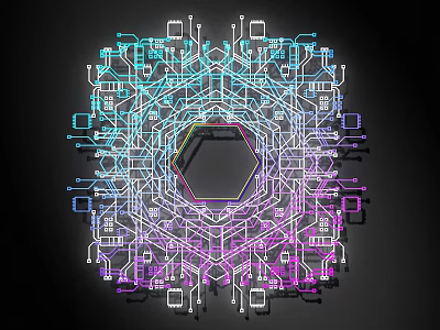 Vibrant Neon Lines Forming Circuit Board Geometric Pattern With Hexagon Center And Blue Pink Hues 3d model