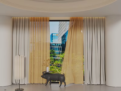 Sheer Beige and Yellow Curtains Indoor with Floor Lamp Pig Figurine City Greenery View Window 3d model
