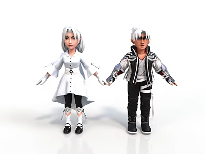 White Haired 3D Characters In White Dress Black Pants And Black Silver Jacket Outfits 3d model