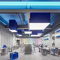 Modern Hotel Public Lounge Area Interior With Blue Ceiling Lights And Comfortable Seating Furniture