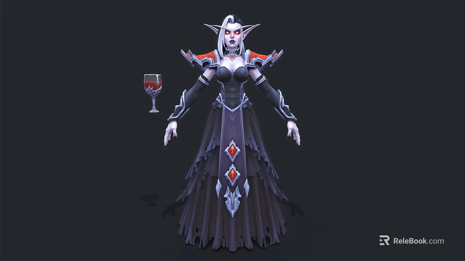 Elven Woman in Dark Gown with Red Silver Accents holding Wine Glass 3d model 