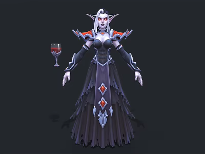 Elven Woman in Dark Gown with Red Silver Accents holding Wine Glass 3d model