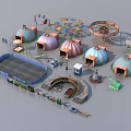 Colorful Amusement Equipment Collection With Ferris Wheel Carousel Tents Tracks Tunnel And Vehicles