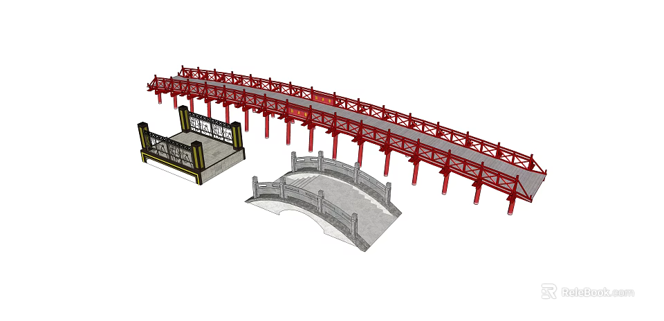 Classic Red Long Bridge With Ornate Railings And Gray Stone Arch Bridge Structure 3d model 