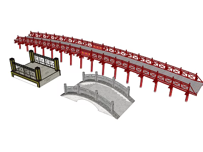 Classic Red Long Bridge With Ornate Railings And Gray Stone Arch Bridge Structure 3d model