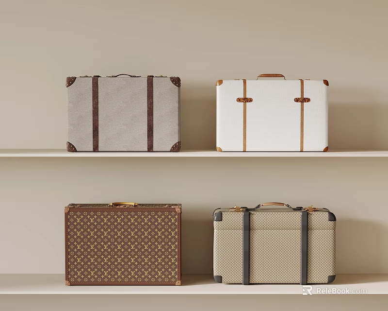 Various Classic Luggage with Different Colors Patterns and Stylish Trims Displayed on Shelves 3d model 