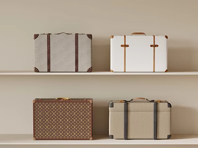 Various Classic Luggage with Different Colors Patterns and Stylish Trims Displayed on Shelves 3d model