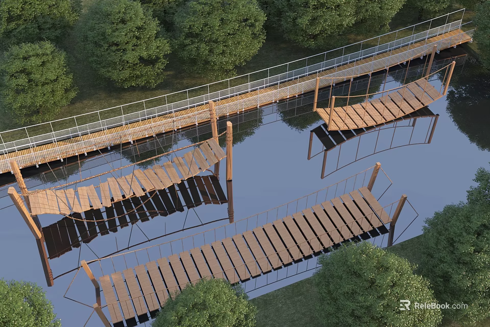 Scenic Wooden Landscape Bridge Over Water With Tree Reflections And Green Surroundings 3d model 