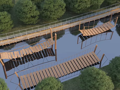 Scenic Wooden Landscape Bridge Over Water With Tree Reflections And Green Surroundings 3d model