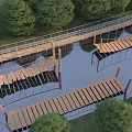 Scenic Wooden Landscape Bridge Over Water With Tree Reflections And Green Surroundings