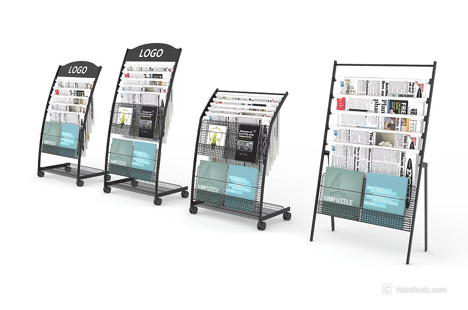 Metal Frame Mobile Magazine Display Racks With Multiple Shelves Holding Magazines 3d model 