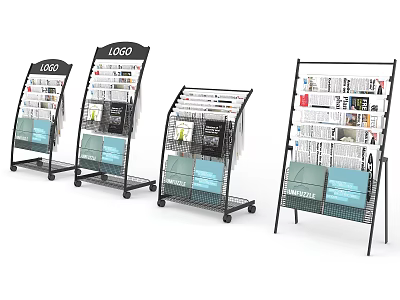 Metal Frame Mobile Magazine Display Racks With Multiple Shelves Holding Magazines 3d model