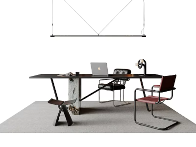 Modern Table and Chair Set with Laptop Desk Lamp and Hanging Light 3d model