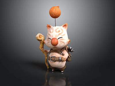 Cute 3D Cartoon Cat Character With Orange Nose Ball On Head Holding Scroll And Tool Belt 3d model