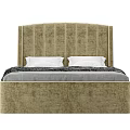 Double Bed With Beige Upholstered Vertical Tufted Headboard White Pillows Gray Bedding Dark Throw Blanket 3d model