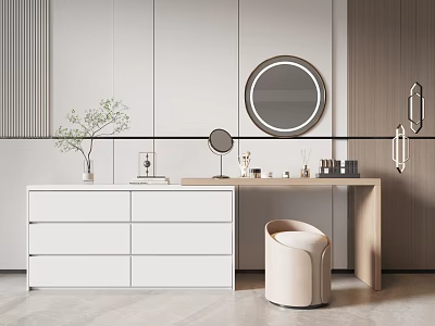 Modern Minimalist Dressing Table With Round Mirror Stool And Decor 3d model