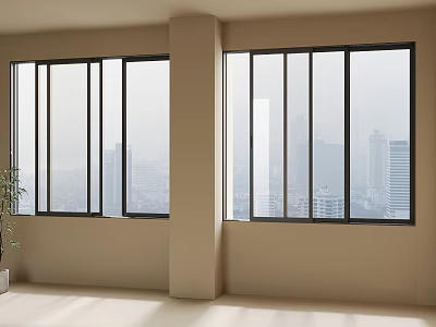 Casement Windows with Black Frames and Transparent Glass for City View Interior 3d model