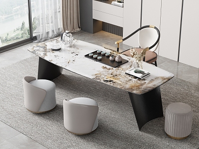 Modern Tea Table and Chair Combination Marble Tea Table Rock Board Tea Table Metal Chair Sofa Stool Tea Set Bookcase Kettle model